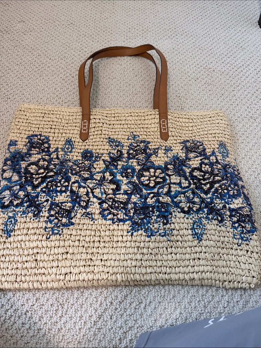Style & Co. Cream Woven Tote with Blue Floral Embroidery